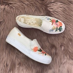 Keds Rifle Paper White Floral Slip Ons Embroidered